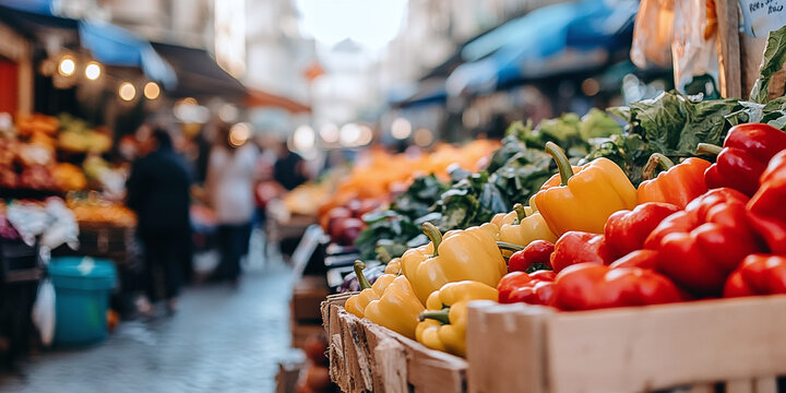 A vibrant close-up of colorful bell peppers, with a blurred farmers market scene in the background, capturing the freshness and abundance of locally sourced produce.