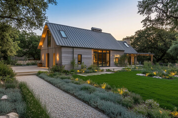 The exterior of an eco-friendly barn house in California, featuring a dark grey metal roof and modern architectural design with a green grass lawn surrounded by landscape lighting, captured at dusk.