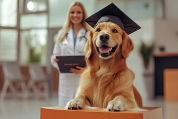 Graduate Pup: Golden Retriever with Diploma and Doctor in Modern Clinic – Ultra-Realistic 8K Photography
