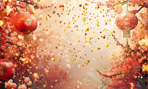 festive background red chinese lanterns surrounded by cherry blossoms and glowing sparkles create a festive frame backdrop for the lunar new year. copy space