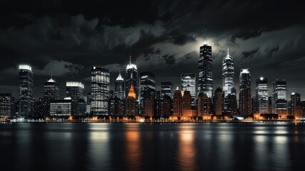 Obraz premium Dark stormy night cityscape skyline reflection.