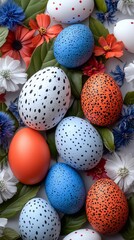 Obraz premium Easter-themed background with colorful eggs, feathers, and flowers on a white background, in a flat lay, top-view composition, with vibrant colors, high-resolution photography, detailed composition, p