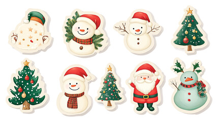 Christmas stickers, Santa Claus, snowman and Christmas tree, winter elements. isolated on white background