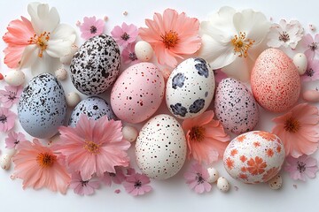 Obraz premium Easter-themed background with colorful eggs, feathers, and flowers on a white background, in a flat lay, top-view composition, with vibrant colors, high-resolution photography, detailed composition, p