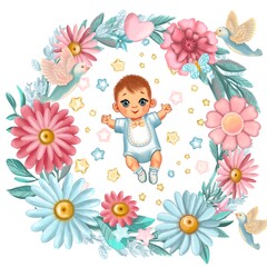 A set of cute baby shower  illustrations featuring pastel tones, baby clothes, toys, balloons, banners, and decorations. Perfect for celebrating newborn arrivals, creating invitations or party decor.