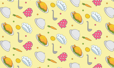 culinary pattern, food icons, drawn food background, food, food pattern, baked chicken, saucepan, ladle, potholder, greens
