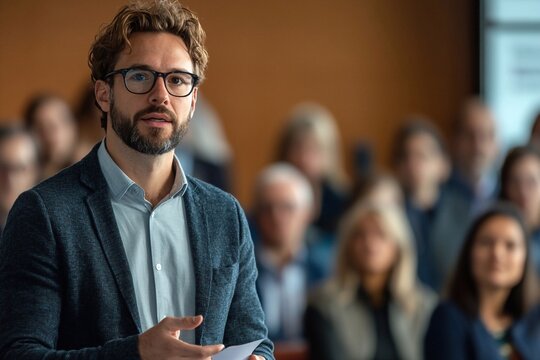 Elevator pitch in a startup competition: An entrepreneur delivering a 60-second elevator pitch to a panel of judges during a startup competition. The audience is watching intently, and the entrepreneu