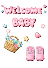 A set of cute baby shower  illustrations featuring pastel tones, baby clothes, toys, balloons, banners, and decorations. Perfect for celebrating newborn arrivals, creating invitations or party decor.