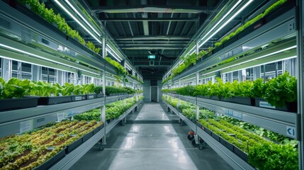 Obraz premium Vertical farming trays with green plants arranged neatly in rows. Concept of indoor agriculture and sustainable farming. For showcasing modern farming techniques