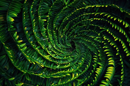Vibrant green fern leaves create swirling natural pattern background.