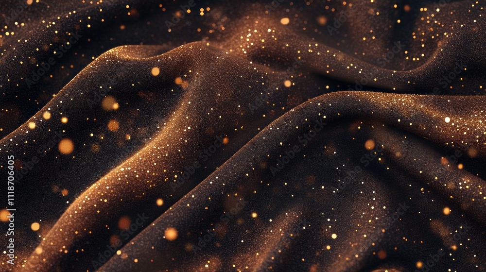 Poster golden sparkles dance gracefully across a dark, textured fabric, creating a mesmerizing visual effec