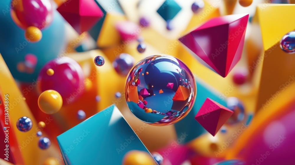 Poster a vibrant abstract composition of colorful geometric shapes and spheres.