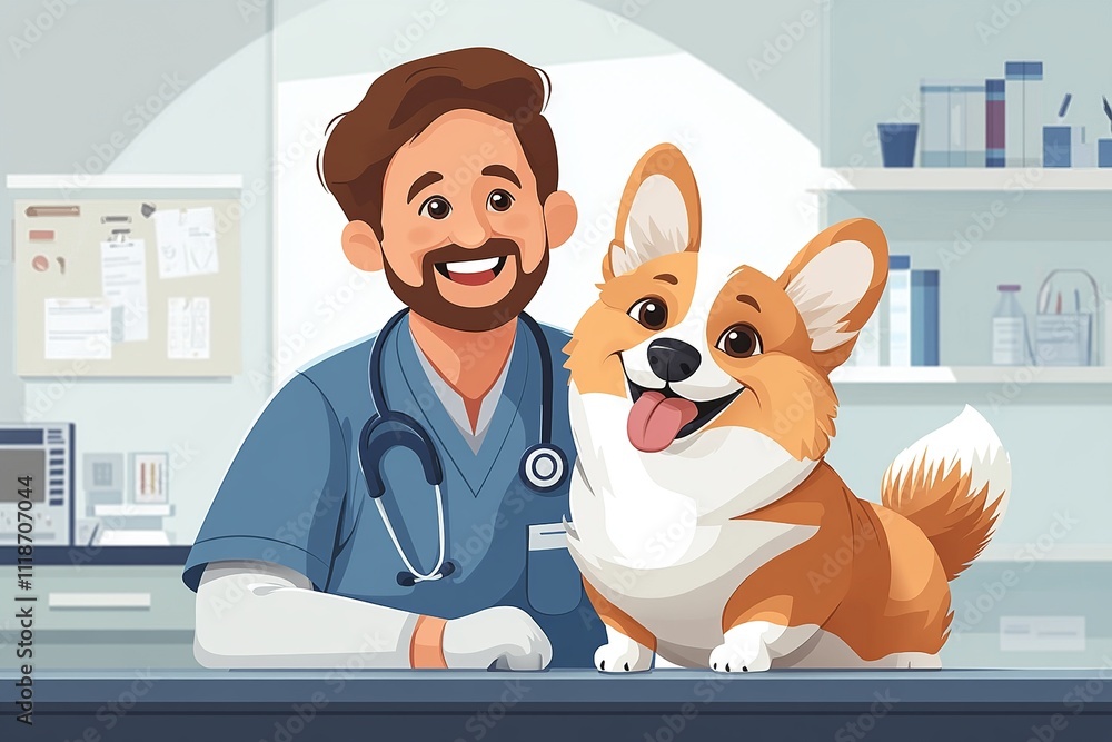 Aufkleber a joyful cartoon setting showing a veterinarian in uniform playing with an enthusiastic dog. the cli