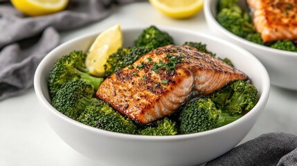 Two fillets of baked salmon are plated alongside vibrant green broccoli, showcasing a nutritious and appetizing dish perfect for any meal.