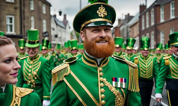 Couple in green St. Patrick's Day parade uniforms.