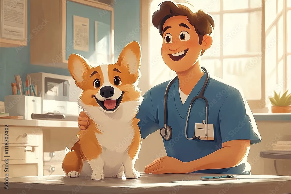 Poster a joyful cartoon setting showing a veterinarian in uniform playing with an enthusiastic dog. the cli