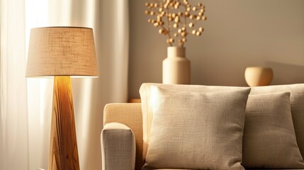 Cozy living room interior with beige sofa, lamp, and decor. Sunlight streams through the window.