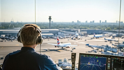 Air traffic controller managing airplane traffic at airport control tower