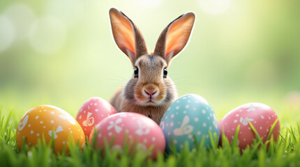 Curious Brown Bunny Peeking Through Colorful Easter Eggs in Fresh Green Grass