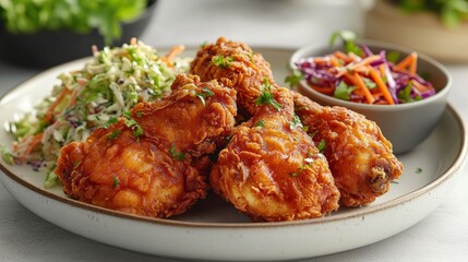 A plate of crispy fried chicken served with coleslaw and a colorful salad.