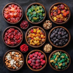 assorted candied berries, dried fruits, nuts and seeds, top view. healthy food background 