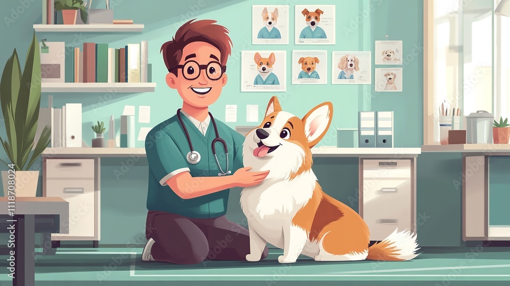 Poster a joyful cartoon setting showing a veterinarian in uniform playing with an enthusiastic dog. the cli
