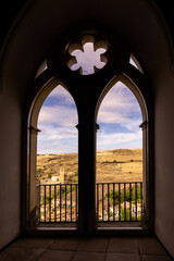 Segovia, Spain, landscape of city outskirts with Church of La Vera Cruz seen from the decorated...