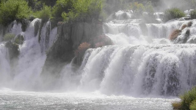 Slow motion close up of flowing waterfall, Krka Skradinski Buk, Croatia