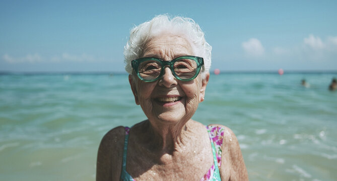 Grandma in a bikini in the sun, reflecting confidence, maturity and authenticity on the beach. Ideal for retirement, lifestyle, travel and tourism themes