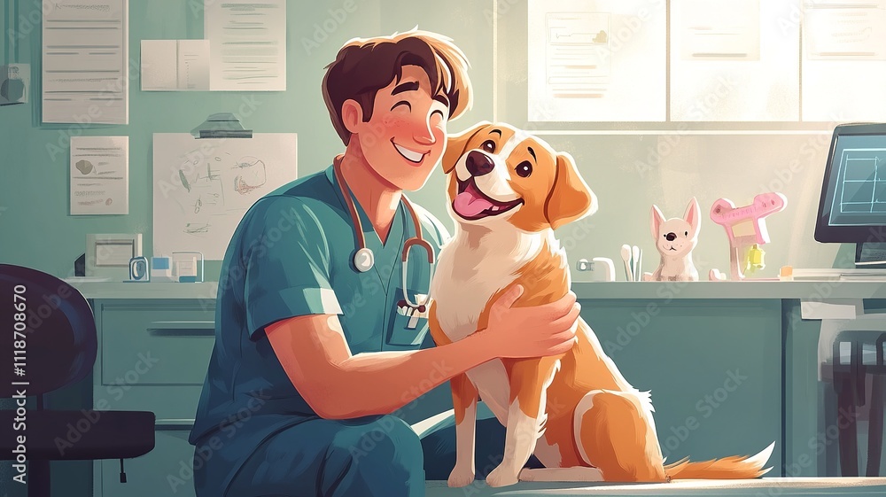 Poster a joyful cartoon setting showing a veterinarian in uniform playing with an enthusiastic dog. the cli