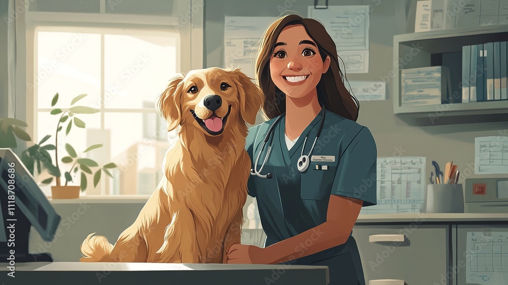 Poster a joyful cartoon setting showing a veterinarian in uniform playing with an enthusiastic dog. the cli