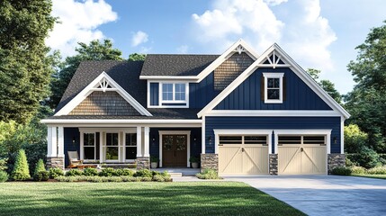 Fototapeta premium A beige siding house exterior with white trim, showcasing a timeless and elegant design, perfect for architectural and real estate visuals.