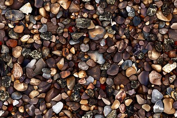 Processed collage of wet pebble stones on asphalt texture. Background for banner, backdrop. River pebbles. River stone. Coarse-grained sediments. Banner. Poster.
