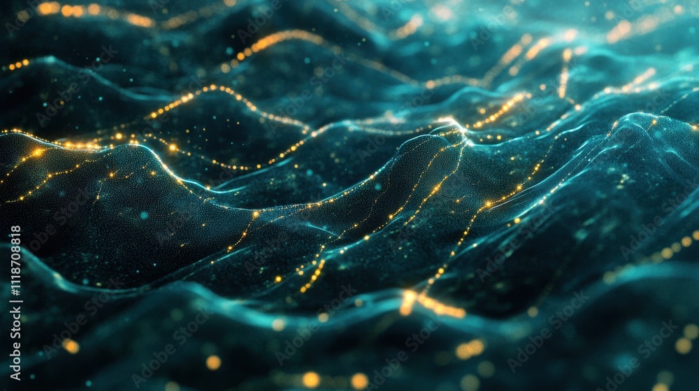 Aufkleber abstract representation of waves with glowing particles, suggesting movement and depth.