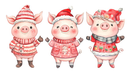 Watercolor christmas cute pig cartoon character design collection with vector illustration on isolated white background.
