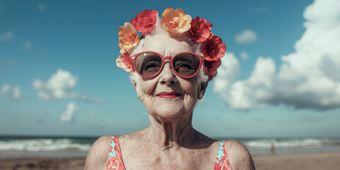 Grandma in a bikini in the sun, reflecting confidence, maturity and authenticity on the beach. Ideal for retirement, lifestyle, travel and tourism themes