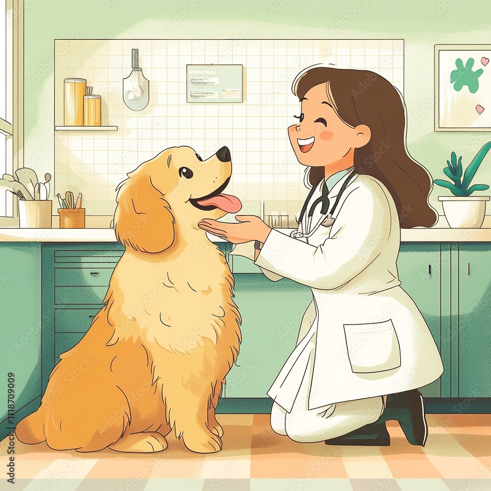Poster a joyful cartoon setting showing a veterinarian in uniform playing with an enthusiastic dog. the cli