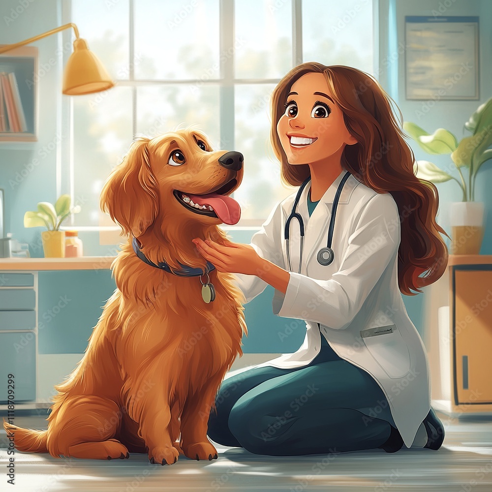 Poster a joyful cartoon setting showing a veterinarian in uniform playing with an enthusiastic dog. the cli