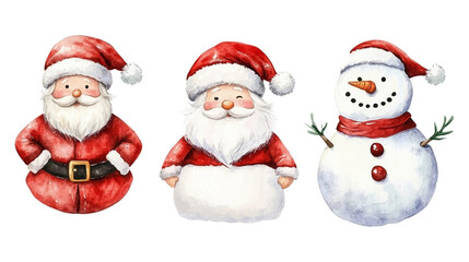 Set of watercolor white snowmen and santa claus isolated with watercolour white background. New year party decor, Christmas decorations vector illustration backdrop wallpaper