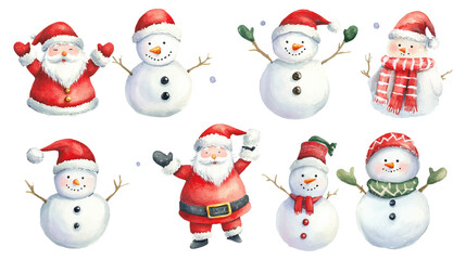 Set of watercolor white snowmen and santa claus isolated with watercolour white background. New year party decor, Christmas decorations vector illustration backdrop wallpaper