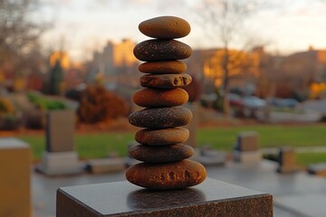 Obraz premium minimalistic clean photo of stack of small pebbles balanced on memorial slab under soft morning light