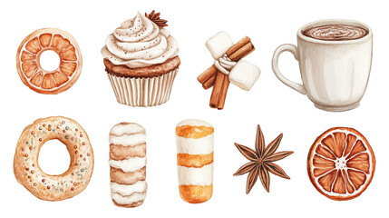Set of watercolor christmas food elements. Cupcake, donuts, mug of cocoa with marshmallows, ginger cookie, dried orange, star anise and lollipop vector illustration banner template.