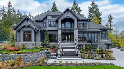 A beige siding house exterior with white trim, showcasing a timeless and elegant design, perfect for architectural and real estate visuals.