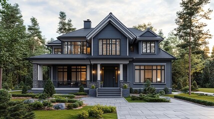 Fototapeta premium A beige siding house exterior with white trim, showcasing a timeless and elegant design, perfect for architectural and real estate visuals.