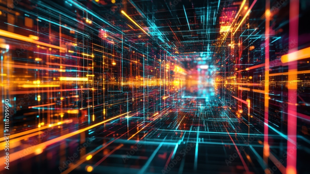 Poster a vibrant, abstract representation of digital data flow in a futuristic environment.