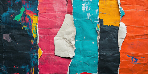 An old grunge texture of creased and crumpled paper layered with ripped vintage collage posters and placards, offering a rustic, aged aesthetic with blank space perfect for adding text or design