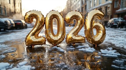 2026 in a gold foil balloon design – giant foil balloons shaped like the digits with shimmering reflections. New Year theme. Generative AI