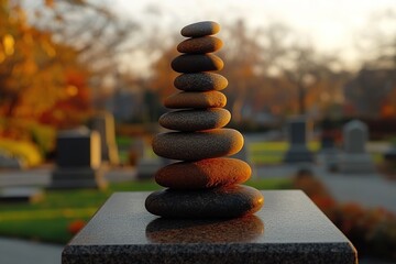 Obraz premium minimalistic clean photo of stack of small pebbles balanced on memorial slab under soft morning light