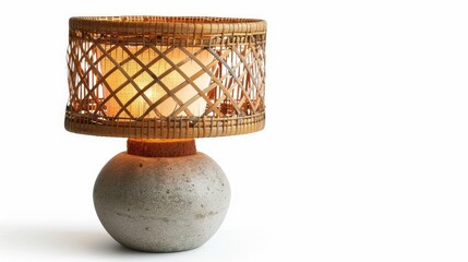 Decorative, handmade, light beige, round, earthenware lamp base, with a woven, light brown, bamboo shade, soft, warm glow.