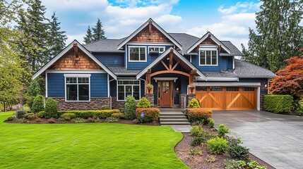 Obraz premium A beige siding house exterior with white trim, showcasing a timeless and elegant design, perfect for architectural and real estate visuals.